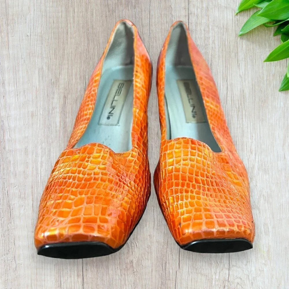 BELLINI Vintage 90s Orange Embossed Croc Print Square Toe Heels Womens 7.5